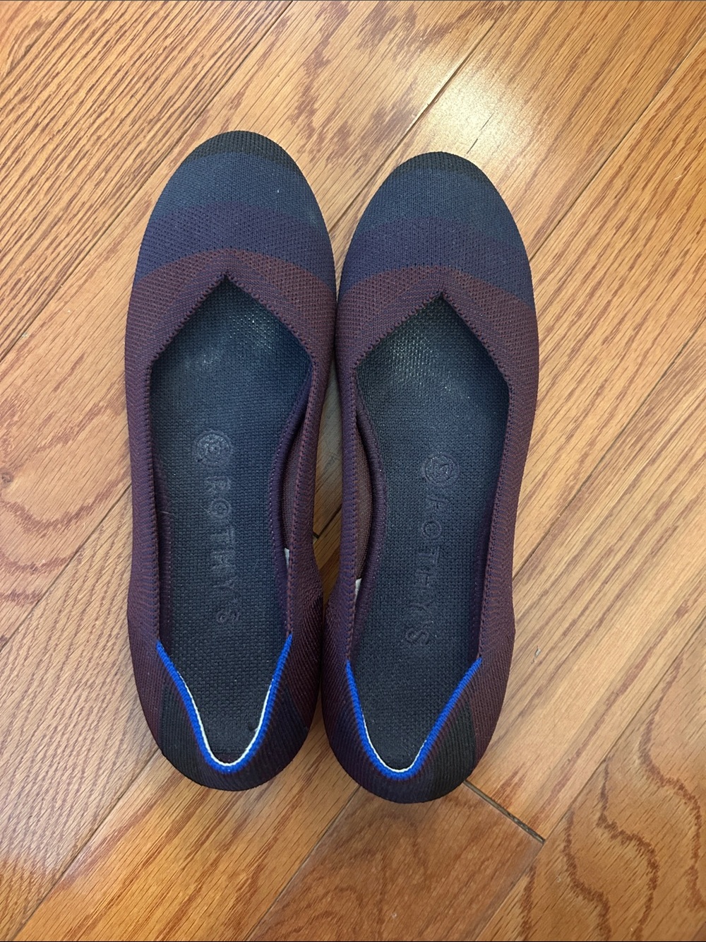 Rothy's Burgundy and Black Knit Ballet Flats with Blue Trim